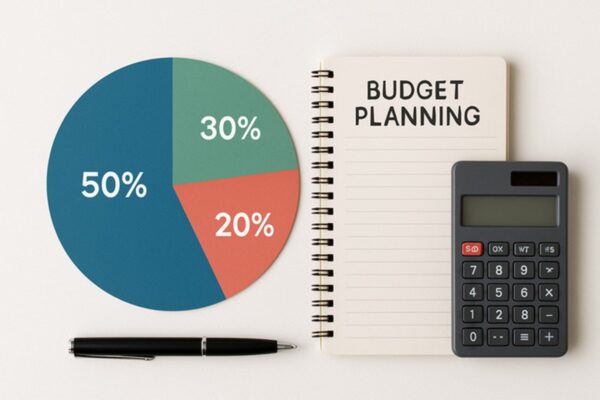 Pie chart showing 50/30/20 budget rule with financial planning documents
