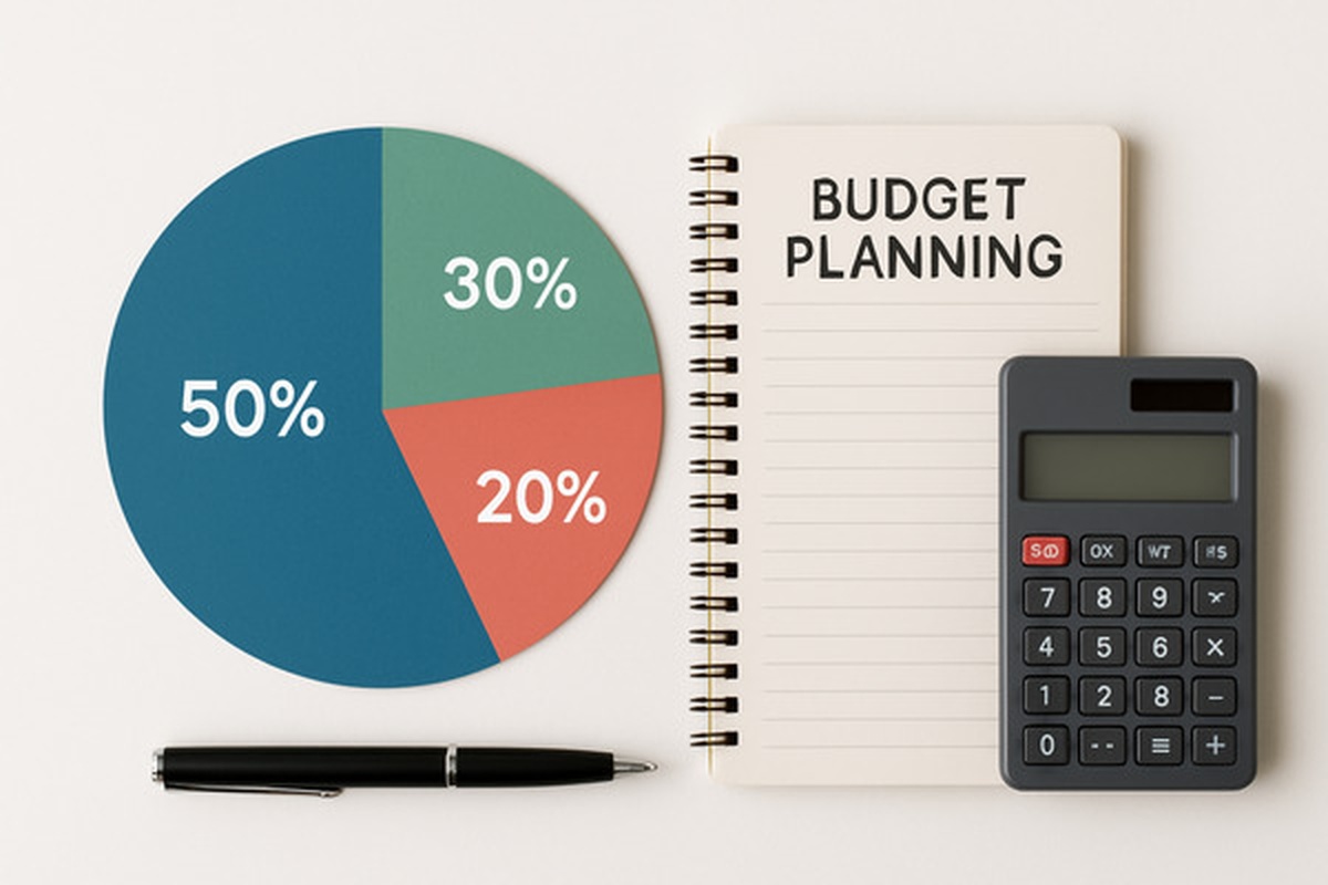 Pie chart showing 50/30/20 budget rule with financial planning documents
