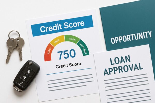 Credit score report with house and car keys representing financial opportunities