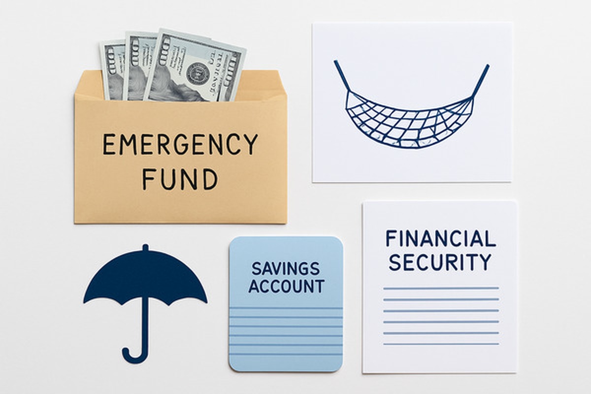 Emergency fund envelope with savings passbook and protective umbrella concept