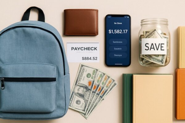 Student backpack with first paycheck, wallet, and savings jar for teen money management