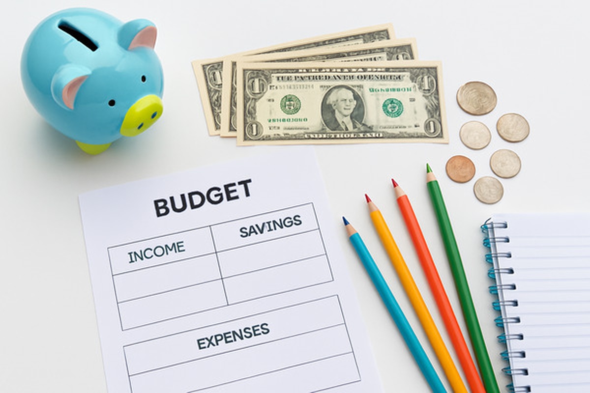 Piggy bank with allowance money and simple budget worksheet for middle school students