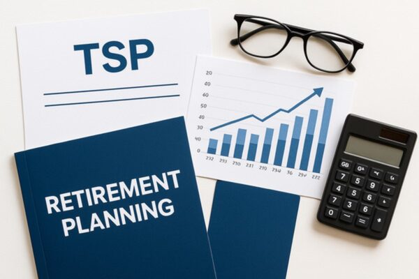 TSP retirement savings documents with growth charts and financial planning materials