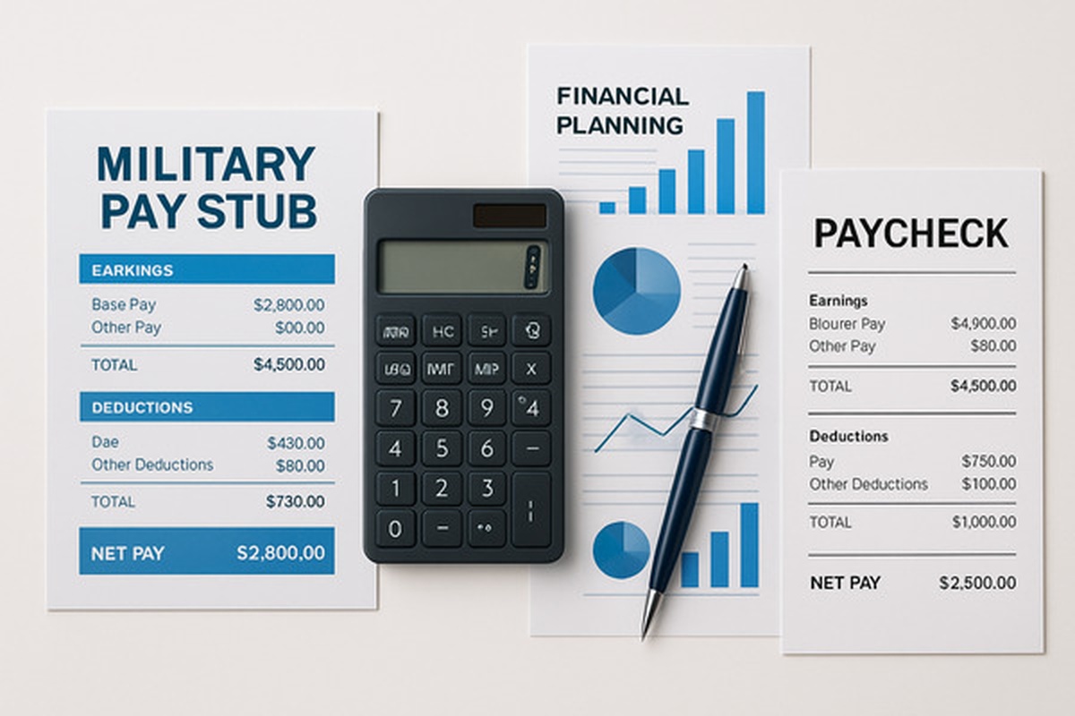 Military pay stub transitioning to civilian paycheck with calculator and financial documents