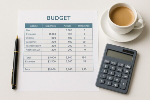 Clean budget spreadsheet template with pen and calculator on white desk