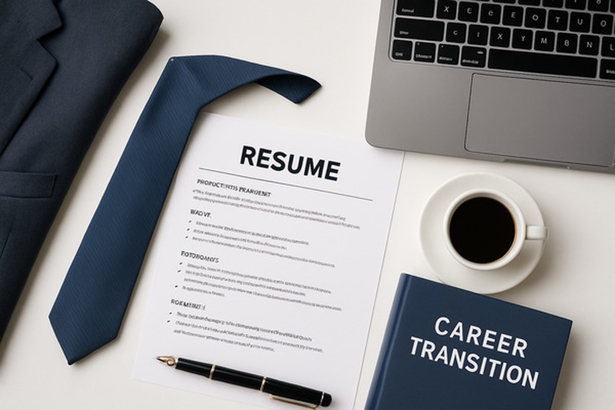 Professional resume with business attire and laptop for post-military career transition