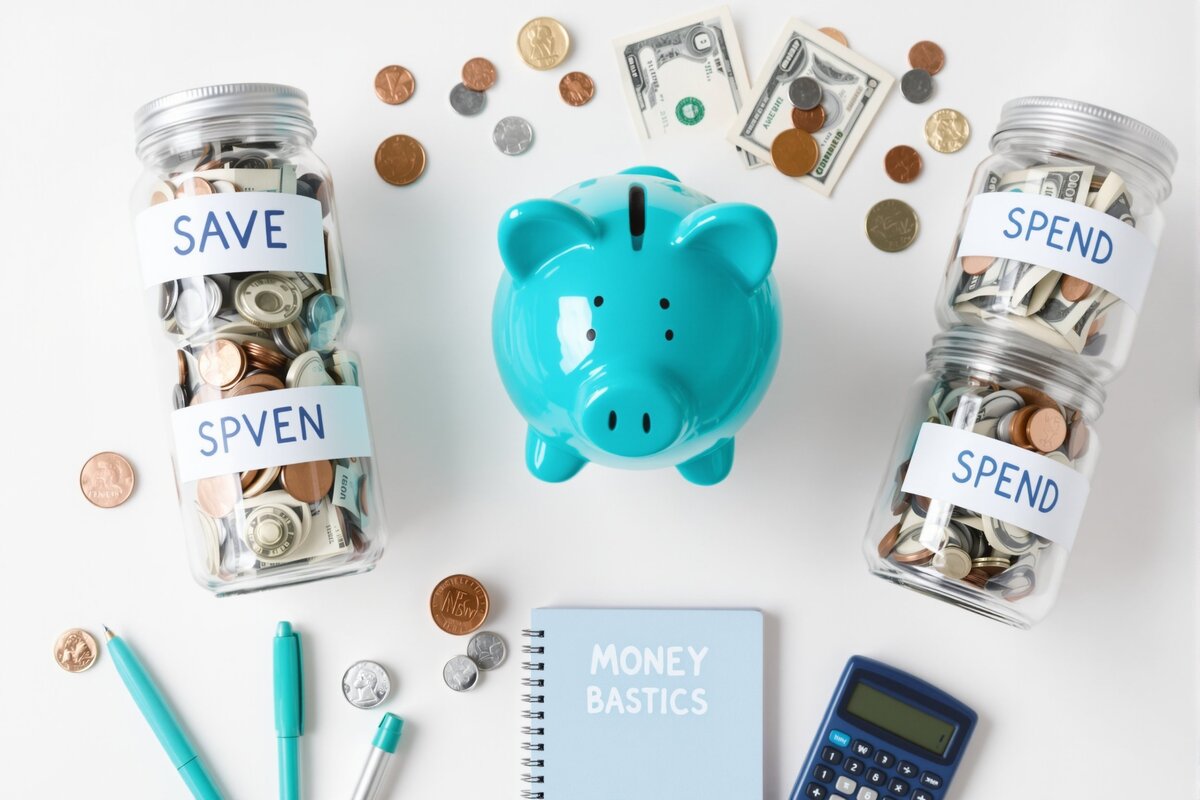 Teaching kids about saving and spending with piggy bank and money jars