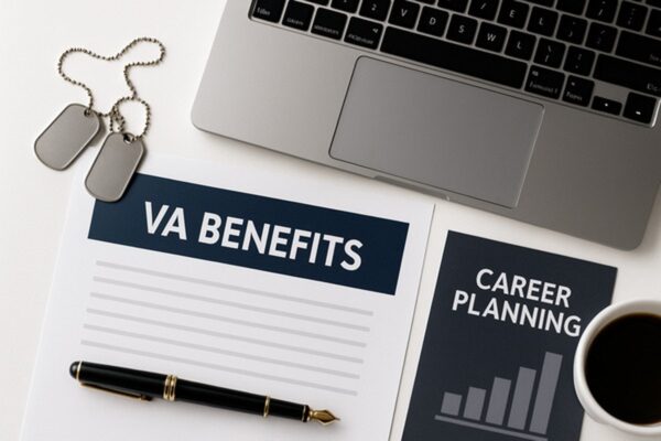 VA benefits documents with military insignia and career planning materials on desk